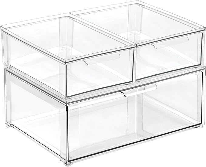 mDesign Plastic Stackable Closet Storage Organizer Bin Containers with Front Pull Drawer for Cabinet, Desk, Shelf, Cupboard, or Dresser Organization - Lumiere Collection - Set of 3 - Clear