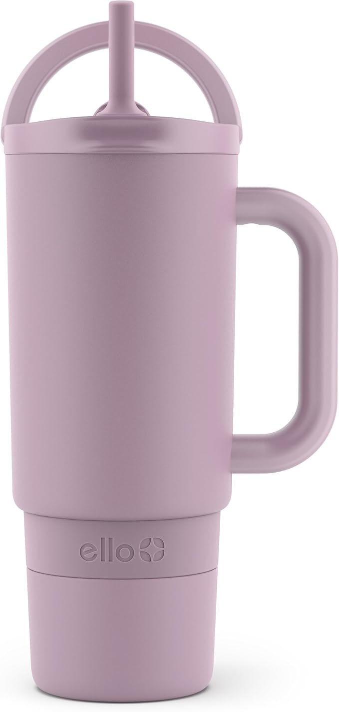 Ello Port 30oz Tumbler with Carry Loop & Integrated Handle | Vacuum Insulated Stainless Steel Reusable Water Bottle Travel Mug | Leak Proof Lid | Flexible Straw | BPA-Free | Dishwasher Safe | Mauve