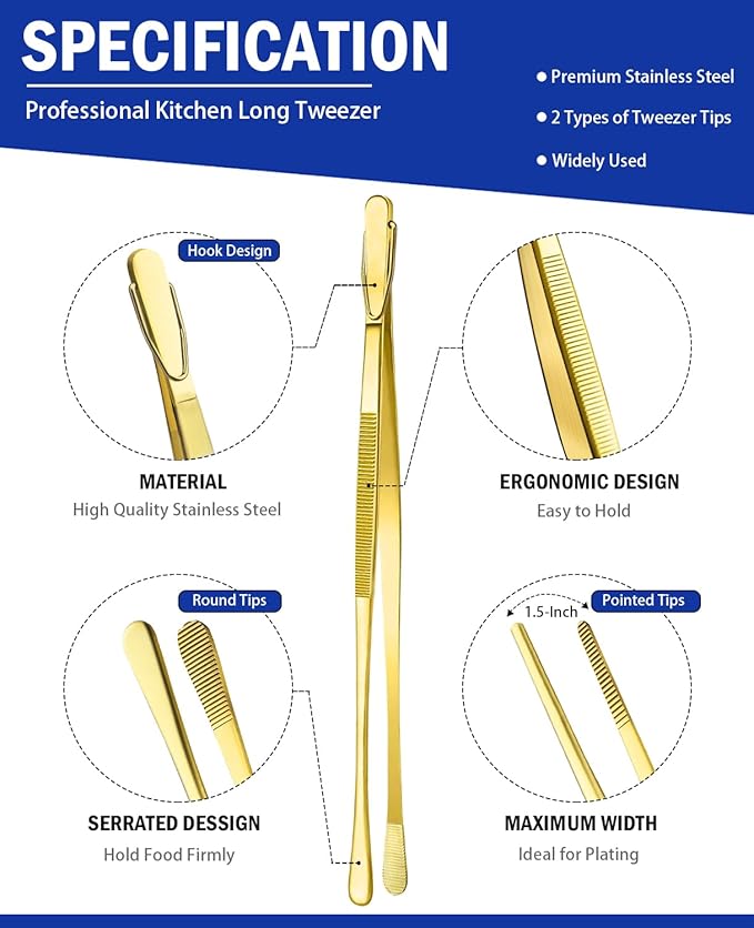 JETKONG 4 Pcs Kitchen Tweezers, 12'' and 10'' Stainless Steel Cooking Tweezers Set, High-Precision Tweezers Tongs for Cooking, Repairing, Seafood and BBQ (Gold)
