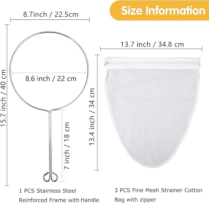 WMKGG Ultra Fine Mesh Strainer Bags, Reusable Filter Bags with Stainless Steel Handle Frame for Filter NutMilk, Coffee, Milk, Butter, Juices and Fresh Cheese (Large Size)