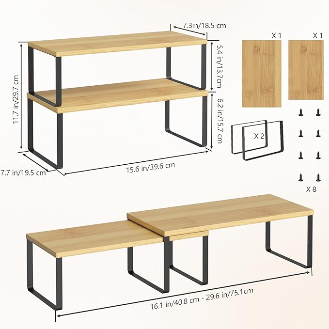NEX Cabinet Shelf Organizer Set of 2, Kitchen Counter Shelves Spice Rack, Stackable, Expandable, Kitchen Pantry Cupboard Storage Organization, Black and Natural
