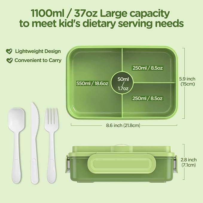Jelife Bento Box Kids Lunch Box - Large Bento-Style Leakproof with 4 Compartments Food Storage Container with Tableware for Kids Back to School, Reusable On-the-Go Meal and Snack Packing, Green