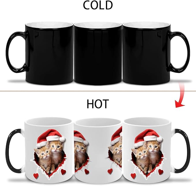 Caliamary Heat Changing Mug, Funny Cat Heat Changing Ceramic Coffee Mug, 11 oz Heat Sensitive Color Changing Coffee Mug Cup, Cute Xmas Gift Mug for Women Men Kids… (Two cats)