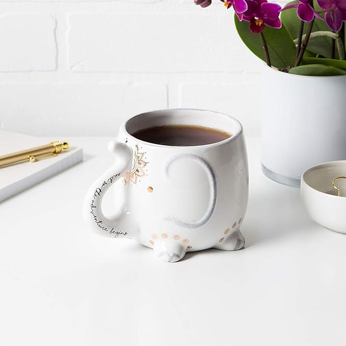 VOTUM Elephant Ceramic Coffee or Tea Mug - Animal Shaped Cup with Hand Printed Designs Saying “And So the Adventure Begins” - Cute Handmade Gift for Men or Women Elephant Lovers – 18.6 Fluid Ounce