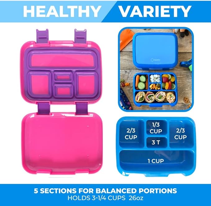 kinsho Bento Lunch Box for Kids Toddlers Boys Girls, 5 Portion Sections Secure Lid, Microwave Safe BPA Free Removable Tray, Pre-School Kid Daycare Lunches Snack Container, Blue & Pink Purple 2 pack