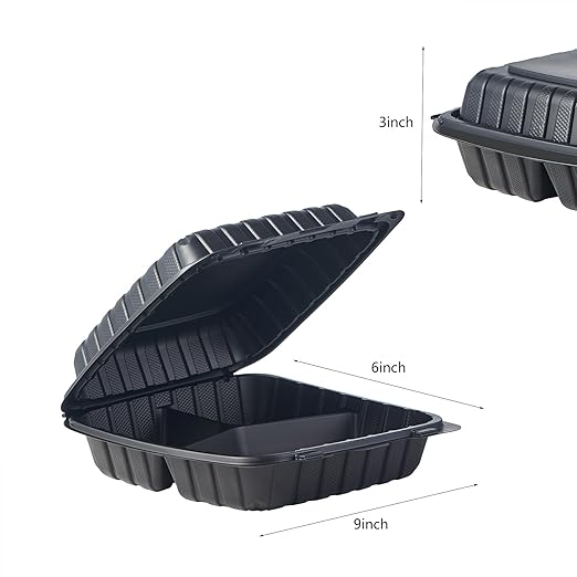 FULING 9X9 3-Compartment 50-Pack Plastic Clamshell Takeout Food Trays Heavy Duty Togo Disposable Box For Pasta Salad Sandwich Carryout Hinged Containers With Secure Snap Lid
