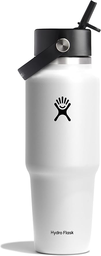 Hydro Flask Travel Water Bottle - Insulated Stainless Steel - Wide Straw Lid, Non Spill, Leakproof in 32 Oz White