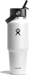 Hydro Flask Travel Water Bottle - Insulated Stainless Steel - Wide Straw Lid, Non Spill, Leakproof in 32 Oz White