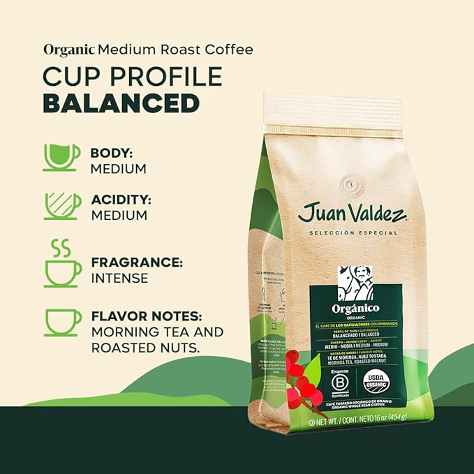 Juan Valdez Organic Whole Bean Coffee - Balanced Roast | 100% Colombian Arabica Beans | 100% Colombian Coffee - Balanced Profile with Moringa & Nutty Notes | Certified USDA Organic | 16 oz / 454 gr
