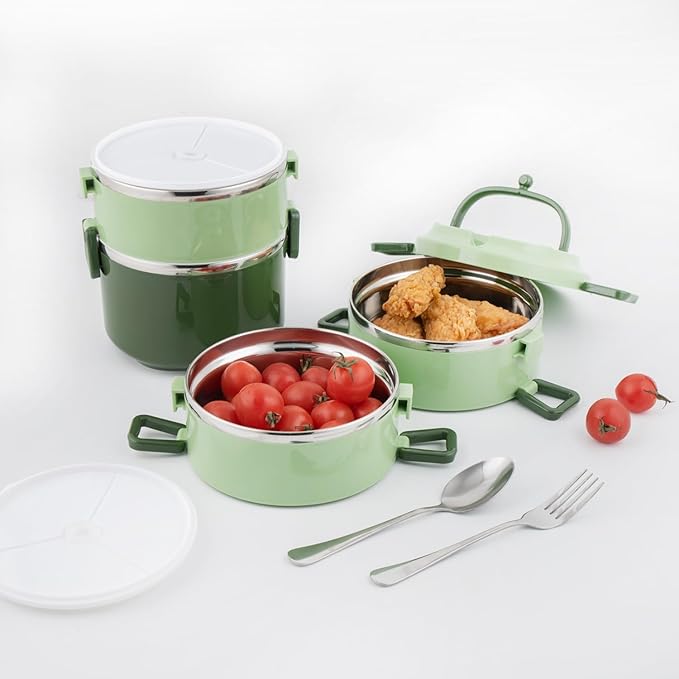 SANQIAHOME 4 Tier Stackable Stainless Steel Lunch Box Sealed(green, 4 layers) with spoon and fork
