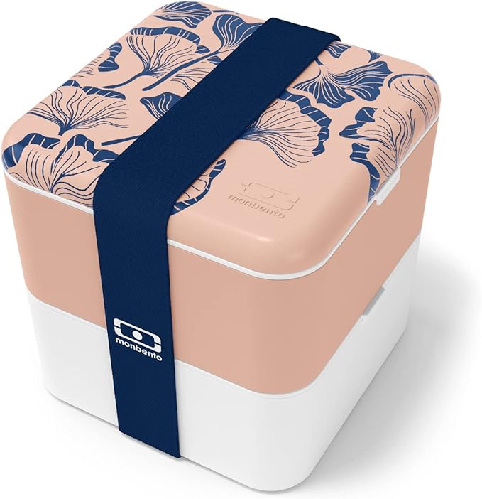 monbento - Large Bento Box MB Square Ginkgo with Compartments - Leakproof Lunch Box for Work and Meal Prep - BPA Free - Food Grade Safe - Japanese Pattern - Pink & Blue