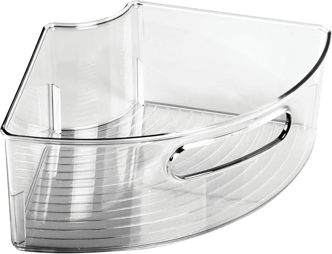 mDesign Plastic Lazy Susan Cabinet Storage Bin with Front Handle for Kitchen Countertop, Pantry, Shelf, Fridge Organization - Hold Food, Drinks, Snacks - Ligne Collection - Smoke Gray Tint