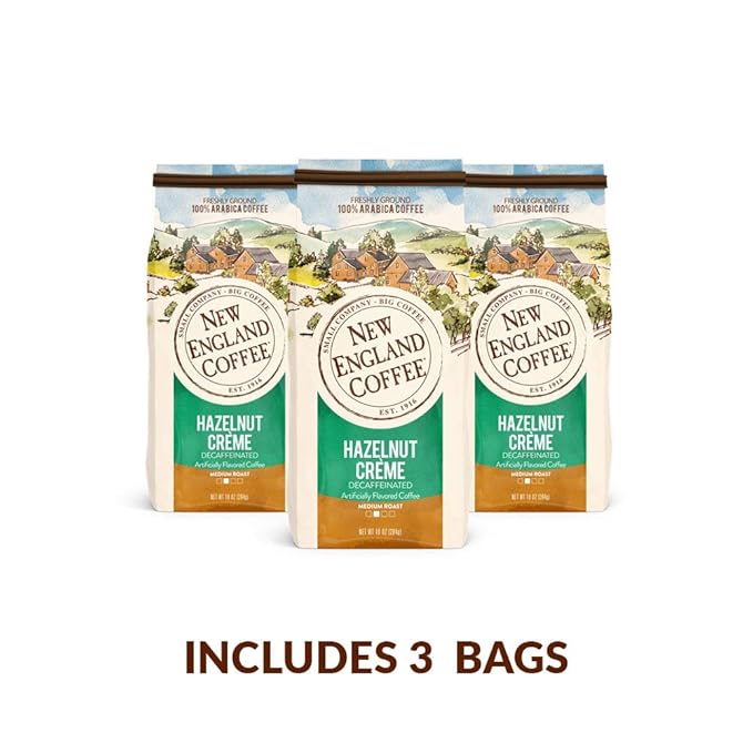 New England Coffee Hazelnut Crème Decaffeinated Medium Roast Ground Coffee, 10oz Bag (Pack of 3)