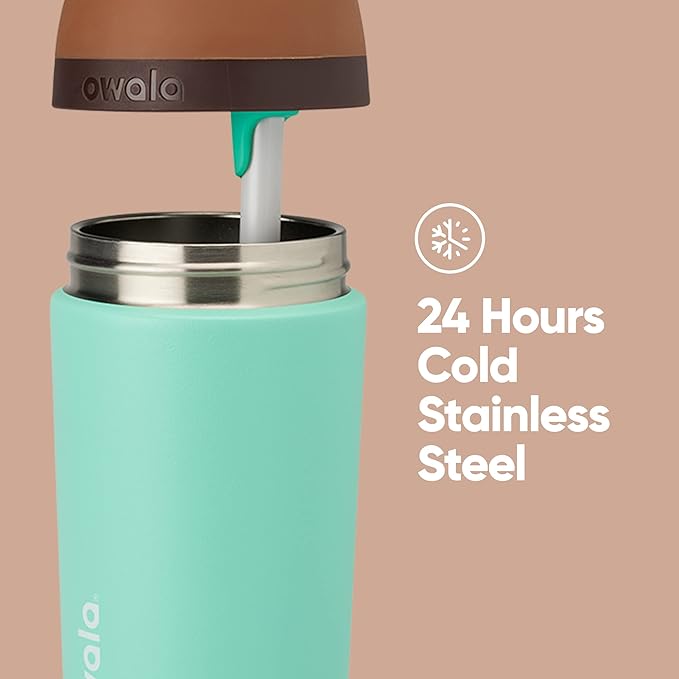 Owala Kids Flip Insulated Stainless-Steel Water Bottle with Straw and Locking Lid, 14-Ounce, Brown/Teal (Mint Chocolate Chip)