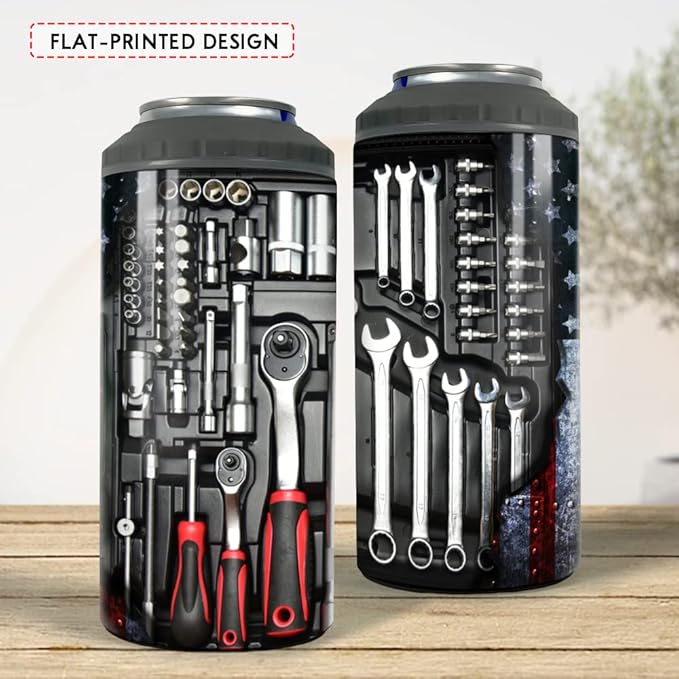 SANDJEST Mechanics Tumbler Machanic Dad Tool Box 4 in 1 12oz Tumbler Can Cooler Coozie Skinny Stainless Steel Tumbler Gift for Daddy Father Papa Christmas Birthday Fathers Day