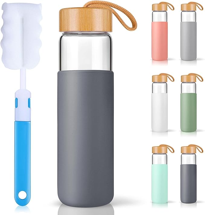 25 Oz Borosilicate Glass Water Bottles with Silicone Sleeve BPA Free, Dishwasher Safe - Reusable Clear Glass Drinking with Leak Proof Bamboo Lid | Perfect Gym Water Bottles for Men & Women