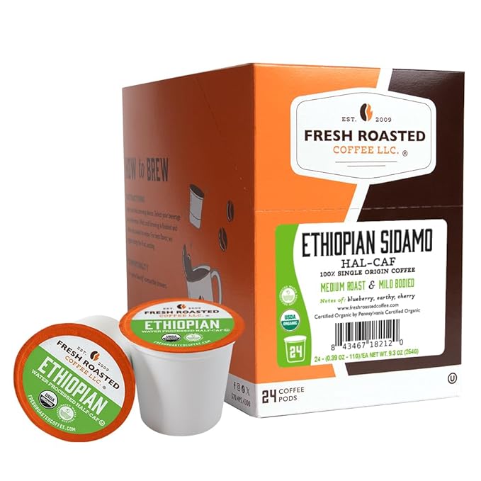 Fresh Roasted Coffee, Organic Ethiopian Sidamo Water-Processed Half-Caf | USDA Organic, 100% Single Origin, Kosher | Medium Roast 24 Pods for K Cup Brewers