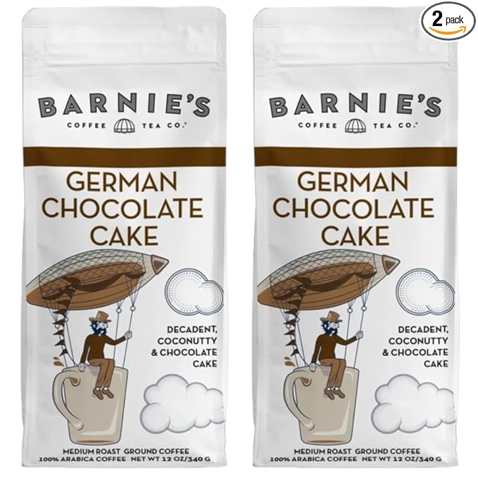 BARNIE'S COFFEE TEA CO. German Chocolate Cake Ground Coffee with Decadent Coconut, Chocolate and Hazelnut Cake Flavor, Medium Roasted Arabica Coffee Beans, 12 oz Bag (Pack of 2) (54105)
