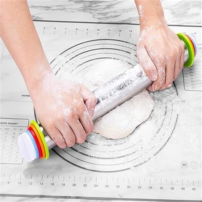 Rolling Pin nonstick and Silicone Baking Pastry Mat combo kit, Adjustable Rolling Pin With Thickness Ringsfor Baking Fondant, Pizza, Pie, Pastry, Pasta, Dough, Cookies (black)