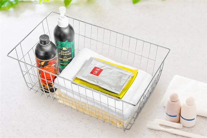 SANNO Freezer Baskets for Storage Pantry Large Metal Wire Food Storage Organizer Bin Basket with Handles - for Kitchen Cabinets, Pantry, Bathroom, Laundry Room, Closets, Garage - Chrome，2 pack