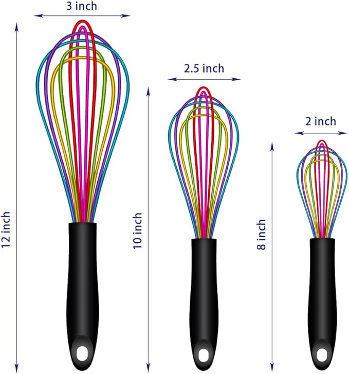 Dishwasher Safe Colorful Silicone Whisk, Sealed Waterproof Design Set of 3, Professional Kitchen Whisks for Cooking Non-Scratch, Silicone & Stainless Steel Whisk, Heat Resistant Balloon Egg Beater
