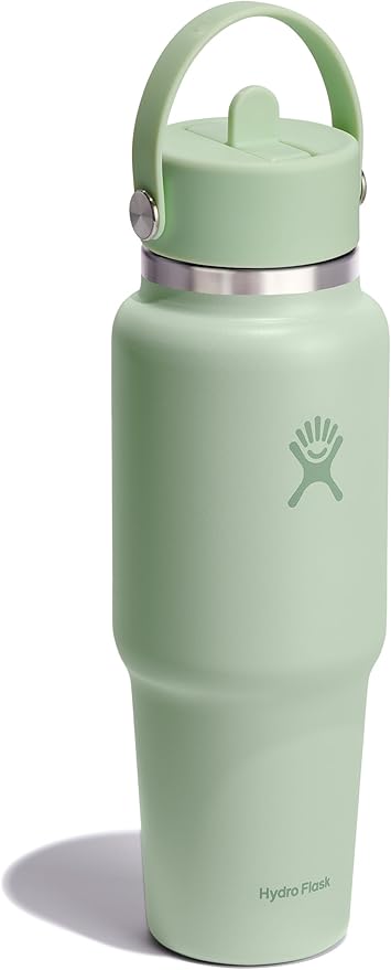 Hydro Flask Travel Water Bottle - Insulated Stainless Steel - Wide Straw Lid, Non Spill, Leakproof in 32 Oz Aloe Green