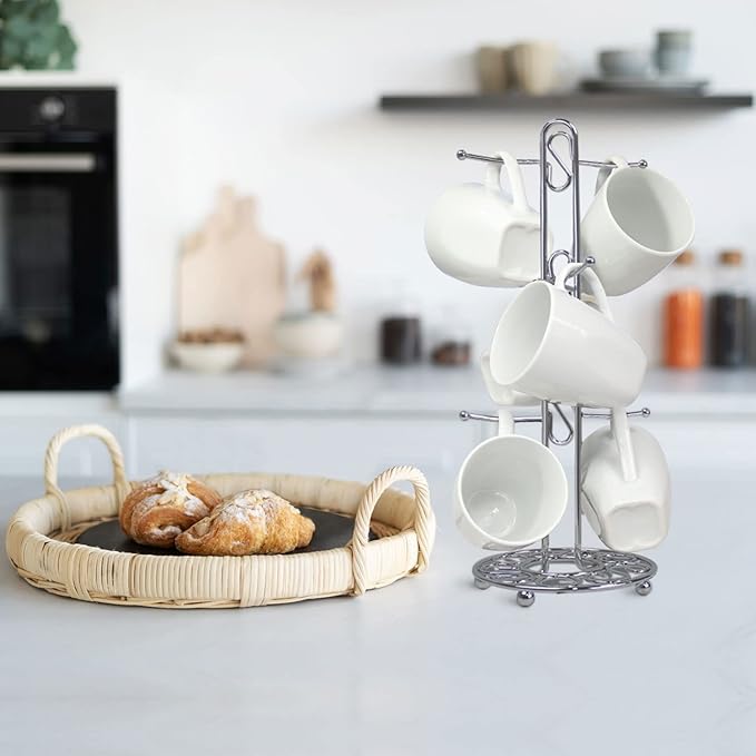 Blue Donuts Farmhouse Coffee Mug Rack, Coffee Mug Tree for 6 Mugs, Coffee Cup Holders for Counter, Chrome Coffee Cup Holder Countertop Organizer for Kitchen, Vintage Mug Rack