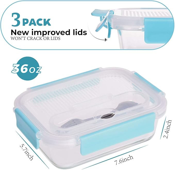 Large Glass Food Storage With Locking Lids - Bento Box Lunch and Meal Prep Containers [3-Pack, 36 OZ]