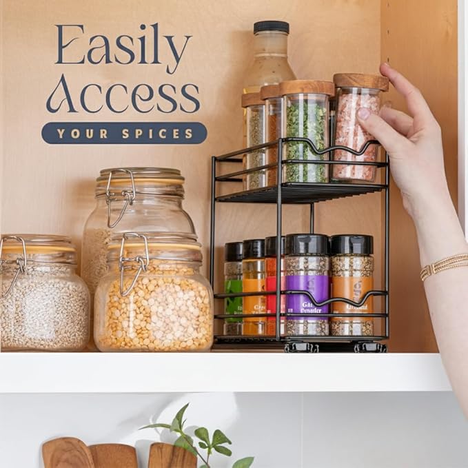 Pull Out Cabinet Organizer for Spices, Cans - Heavy Duty with Lifetime Limited Warranty- Pull Out Spice Rack- Cabinet Pull Out Shelf for Cans,Dishes, Etc, 4-1/2"Wx10-3/8"Dx8-7/8"H, Black