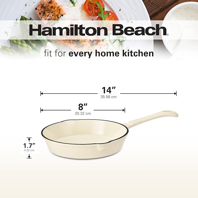 Hamilton Beach Enameled Cast Iron Fry Pan 8-Inch Cream, Cream Enamel Coating, Skillet Pan for Stove Top and Oven