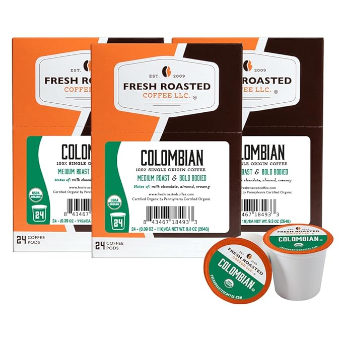 Fresh Roasted Coffee, Organic Colombian | USDA Organic, 100% Single Origin, Kosher | Medium Roast 72 Pods for K Cup Brewers