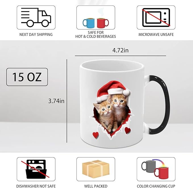 Caliamary Heat Changing Mug, Funny Cat Heat Changing Ceramic Coffee Mug, 11 oz Heat Sensitive Color Changing Coffee Mug Cup, Cute Xmas Gift Mug for Women Men Kids… (Two cats)