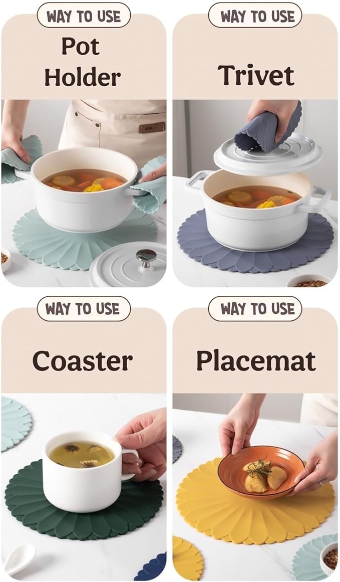 Heat-Resistant Silicone Trivet Mats, Non-Slip Hot Plate Holder for Kitchen Countertops & Dining Table, Reusable Pot Holder Pad with Secure Grip, Dishwasher Safe (Grey, Diameter: 30cm/11.81")
