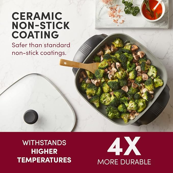 Elite Gourmet EG2212X 12"x12"x2.15” Ceralast™ PFAS Free Ceramic Electric Skillet, Dishwasher Safe, Rapid Heat Up, 1200W, Dark Grey