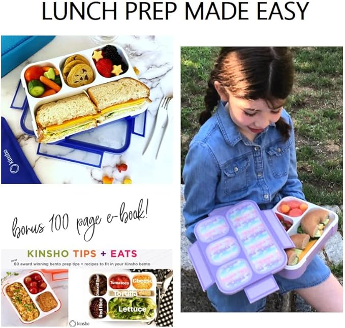 kinsho Bento-Box Lunch-Box Kids, Meal Boxes and Snack Containers for Boys & Girls for School, Includes Utensils, BPA Free (Purple Rainbow Unicorn + Blue Black Camo, 2 Pack Set)