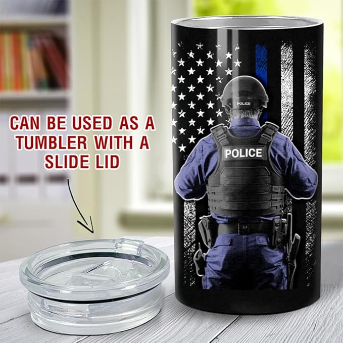 SANDJEST Police Tumbler American Policeman 4 in 1 12oz Tumbler Can Cooler Coozie Skinny Stainless Steel Tumbler Gift for Police Man Dad Father Boy Friends Retirement Birthday Party