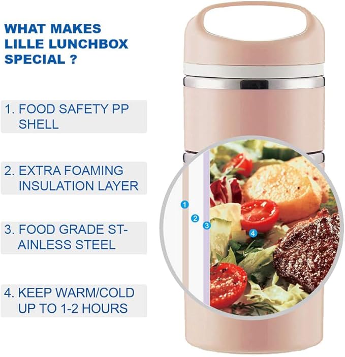 Lille Home Stackable Stainless Steel Thermal Compartment Lunch/Snack Box, 3-Tier Insulated Bento/Food Container with Lunch Bag, Utensils Set and Three Extra Seals, 43OZ (Gold)