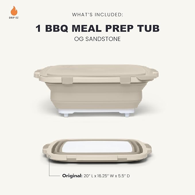 Drip EZ Collapsible BBQ Prep Tub - For Meal Prep, Marinating, Food Storage - Includes Cutting Board & Locking Lid - (1) OG - Sandstone