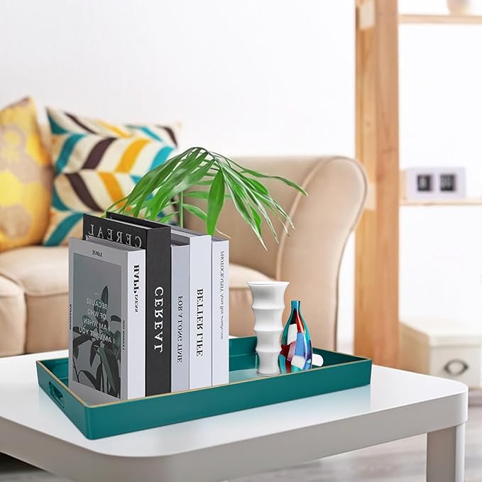 Gifturbo Teal Serving Tray,Rectangular Serving Trays with Handles, Plastic Coffee Table Tray Decorative Tray for Ottoman,Living Room, Bathroom, 15.7” x 10.2” x1.37”