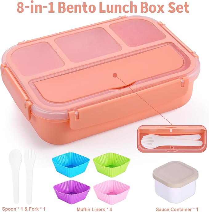 Bento Box Adult Lunch Box, Lunch Containers for Kids Girls Boys with 4 Compartments, Lunchable Food Container with Utensils, Sauce Jar, Muffin Liners, 40 Oz/5 Cup, Microwave & Dishwasher Safe, Pink