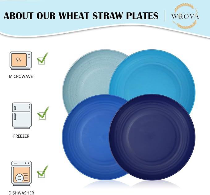Wheat Straw Plates - 10 Inch Unbreakable Dinner Plates Set of 8 - Dishwasher & Microwave Safe Plastic Plates Reusable - Lightweight Plates for kitchen,camping (Ocean Series)