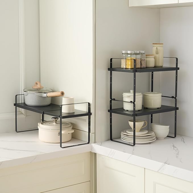 VEVOR Adjustable Kitchen Cabinet Shelf Organizer, Expandable 2 Tier Cabinet Shelf, Stackable Countertop Organizers and Storage Risers, Pantry for Kitchen Bathroom Office, Black
