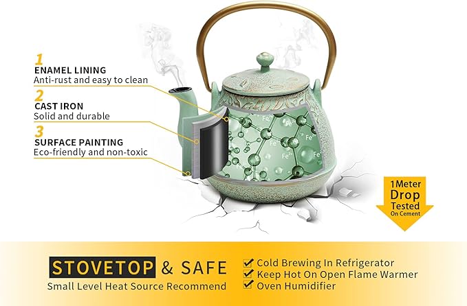 TOPTIER Japanese Teapot with Stainless Steel Infuser, Cast Iron Tea Kettle Stovetop Safe, Leaf Design Coated with Enameled Interior for 32 Ounce (950 ml), Light Green