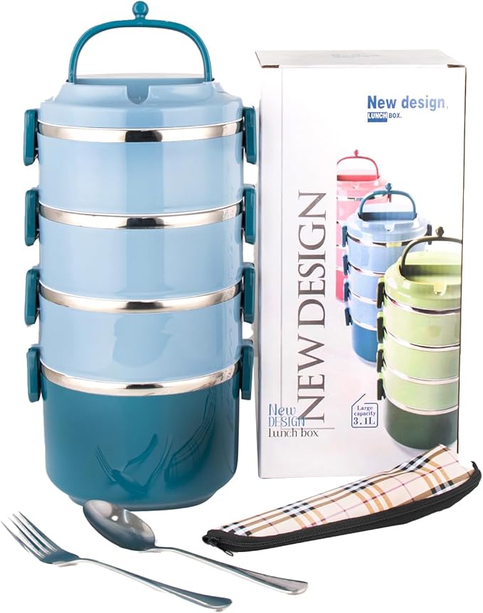 SANQIAHOME 4 Tier Stackable Stainless Steel Lunch Box Sealed(blue, 4 layers) with spoon and fork