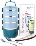 SANQIAHOME 4 Tier Stackable Stainless Steel Lunch Box Sealed(blue, 4 layers) with spoon and fork