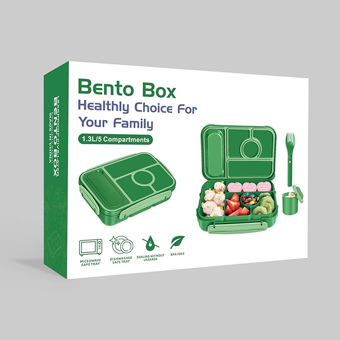 Bento Box Adult Lunch Box Kids,Lunch Containers for Adults/Kids/Toddler,5 Compartments Bento Lunch Box with Sauce Vontainers,Microwave & Dishwasher & Freezer Safe,BPA-Free (Emerald green)