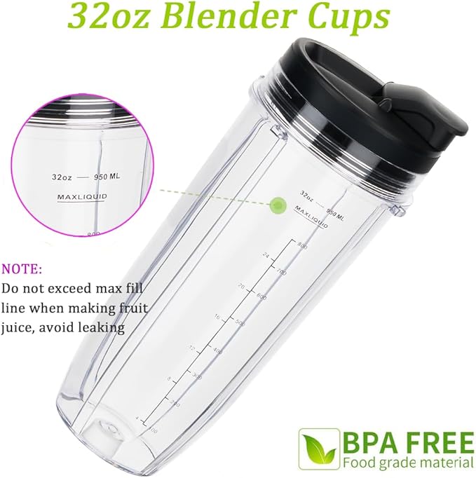 Replacement 32oz Blender Cup with Sip & Seal Lid For Nutri Ninja BL450 BL454 Bl455 BL456 BL480 BL481 BL482 BL490 BL640 BL642 BL682 SS101 SS401 SS351 Nutri Ninja Auto IQ Series Blenders, 2-Pack …