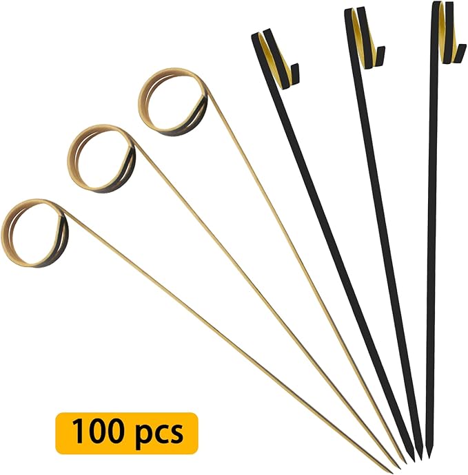 BLUE TOP Bamboo Cocktail Picks 100 PCS Black Bamboo Skewers 6 Inch with Looped Ring,Food Picks,Party Toothpicks for Appetizers,Cocktail Drinks,Barbecue Snacks,Club Sandwiches.