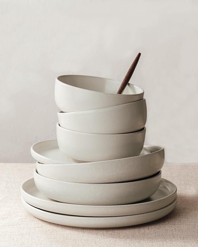 Famiware Milkyway Plates and Bowls Sets, 18 Pieces Dinnerware Sets, Reactive Glaze Dish Set, Stoneware Dishes Set for 6, Matte Beige White