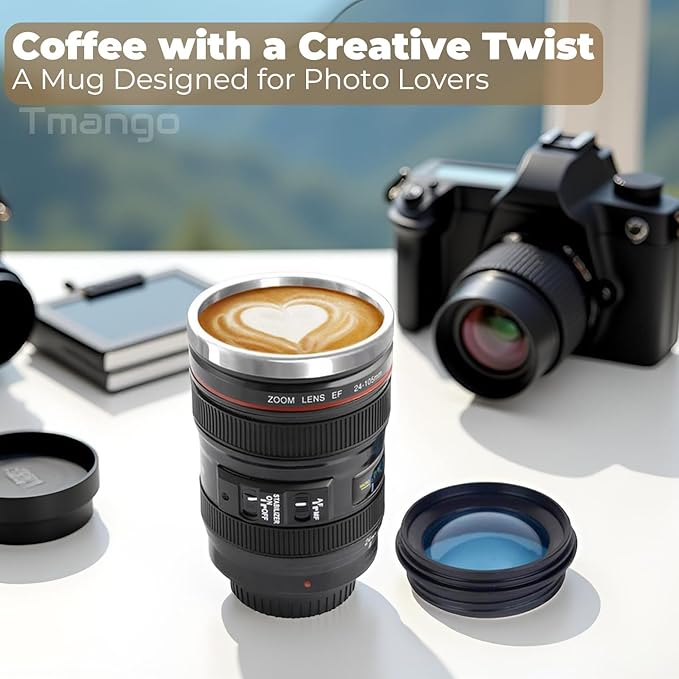 Camera Lens Coffee Mug with Clear Lid – Unique Realistic Lens Cup Replica, Gift for Photography Lovers